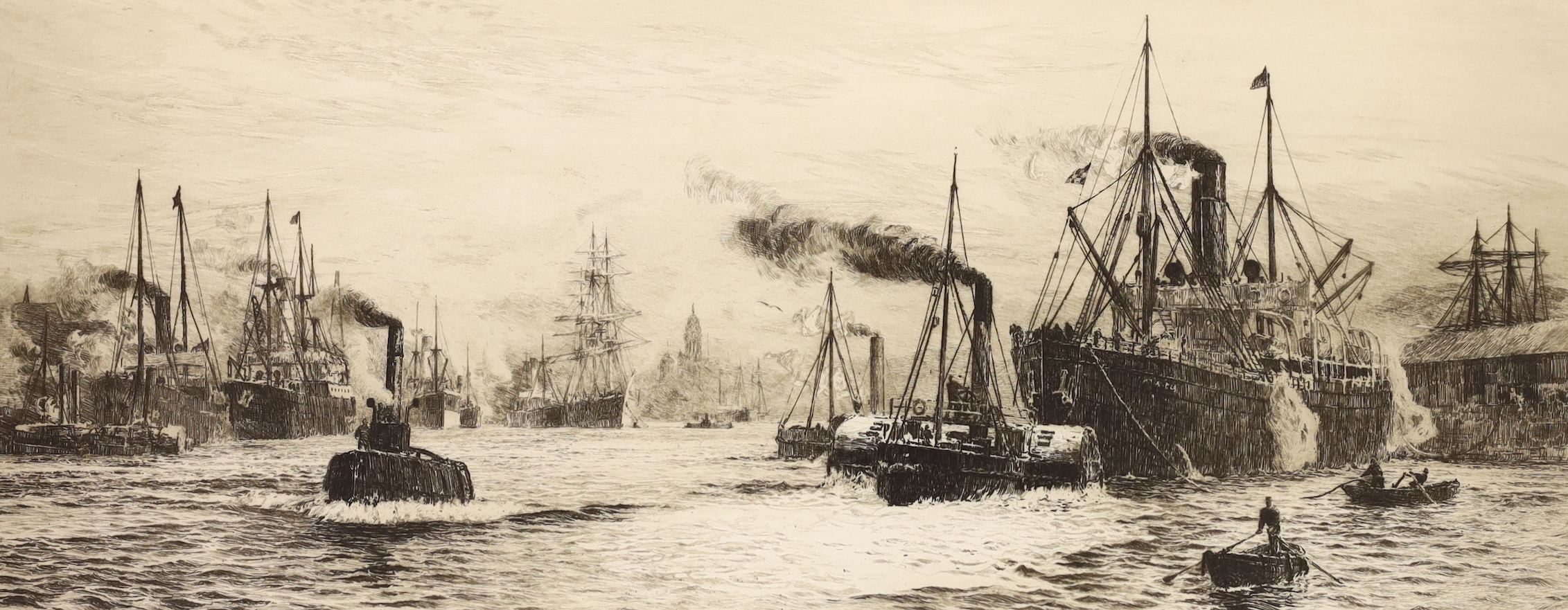 William Lionel Wyllie (1851-1931), etching, 'Clyde and Govan', signed in pencil, 22 x 51cm